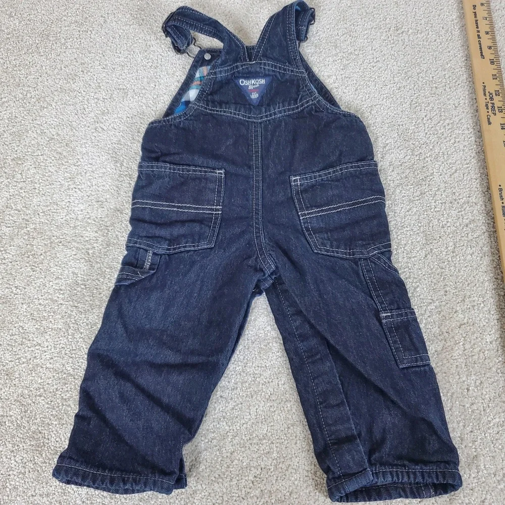 OshKosh B'gosh Overalls Baby 12 Months Blue Flannel Lined Denim Vestbak Cargo